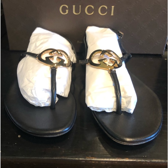 GUCCI SANDALS BLACK LEATHER Size-8 NWT - Picture 1 of 12